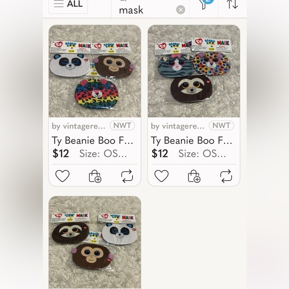 Resale lot Ty Beanie Boo Face Masks Set of 9 0215 Hg104